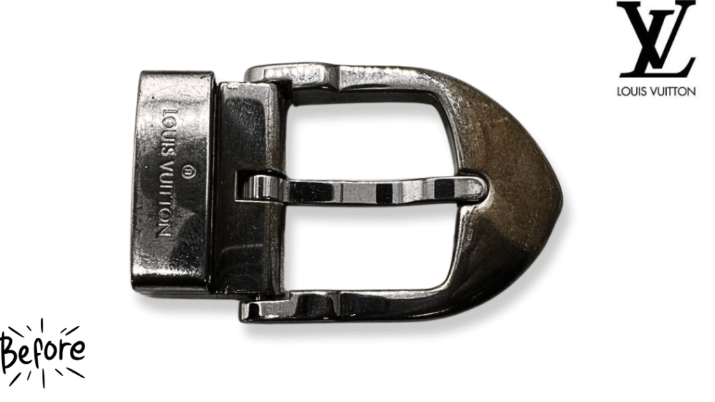 ルイ・ヴィトンベルトのバックルが赤茶色に錆びた!錆取り+ロジウムメッキで新品再生 前